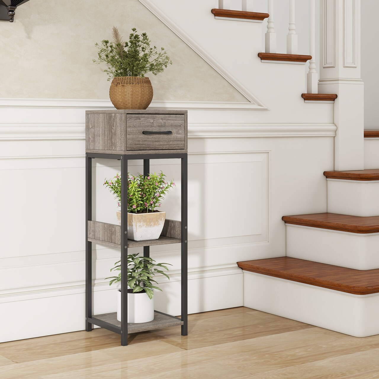 3 Tier Tall Plant Stand with Drawer Anti-tipping Devices-Grey